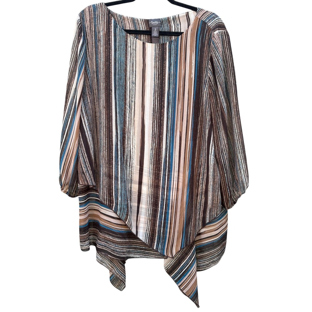 Chico's Womens XL Blouse Brown Blue Striped Asymmetrical Lagenlook Earthy Artsy